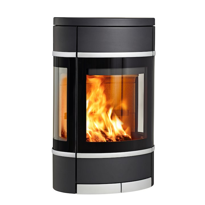 Scan 68 Wall Mounted Wood Stove Black Side Glass Windows Silver Trim - Black
