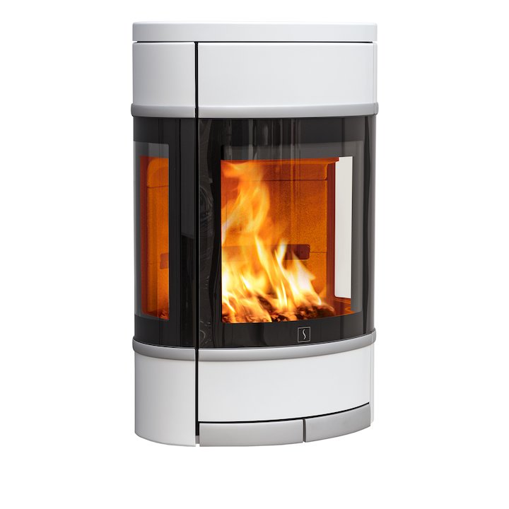 Scan 68 Wall Mounted Wood Stove White Side Glass Windows Silver Trim - White