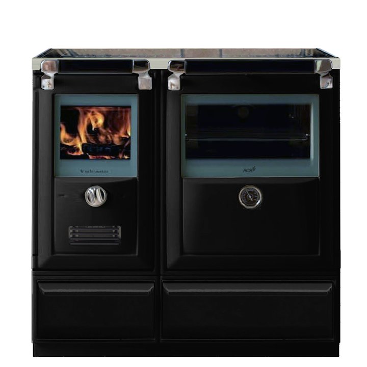 Lacunza Vulcano 7T Wood Burning Range Cooker Enamel Black Glass Cooking Top - Enamel Black