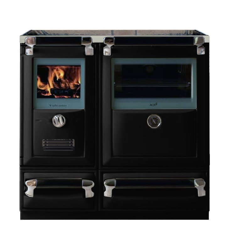 Lacunza Vulcano 7T Wood Burning Range Cooker Enamel Black Glass Cooking Top - Enamel Black