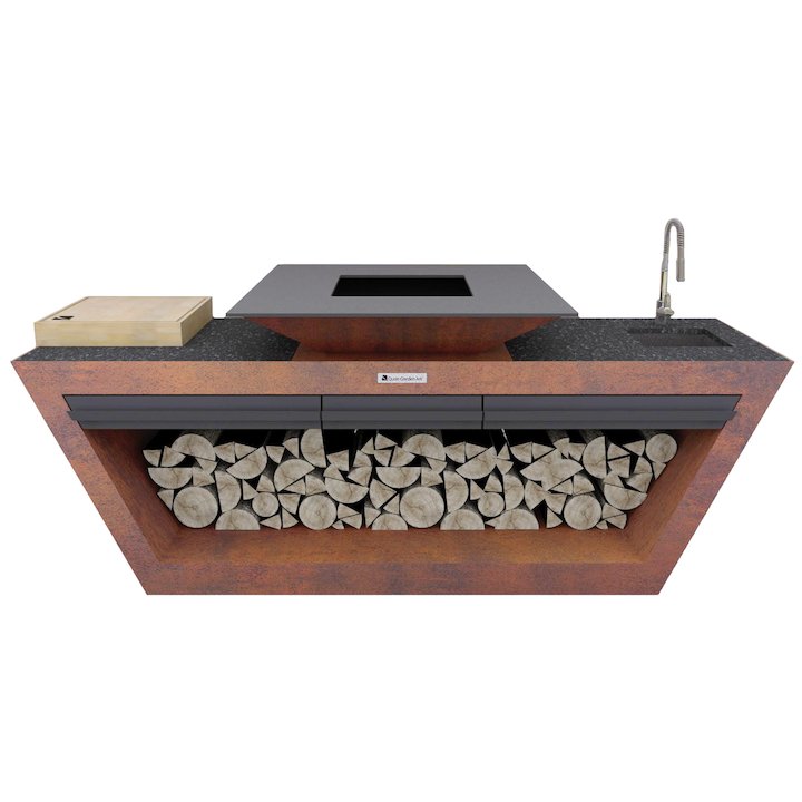 Quan Rolling Kitchen Table With Plancha Firepit and Sink - Corten Steel