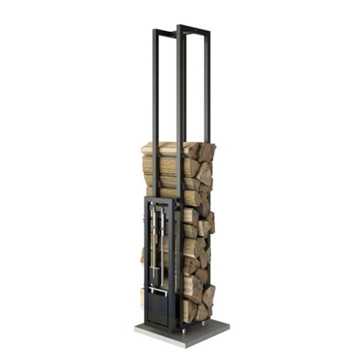 Rais Woodwall Short Freestanding Log Holder - With Fire Tools - Black