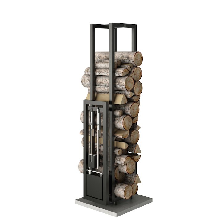 Rais Woodwall Tall Freestanding Log Holder - With Fire Tools - Black