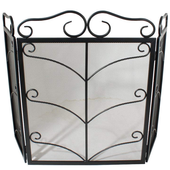 Calfire 3 Fold Decorative Wrought Iron Small Fire Screen - Black