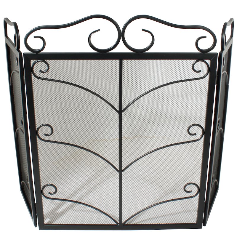 Calfire 3 Fold Decorative Wrought Iron Small Fire Screen - Black
