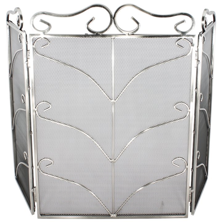 Calfire 3 Fold Decorative Wrought Iron Small Fire Screen - Silver Filigree