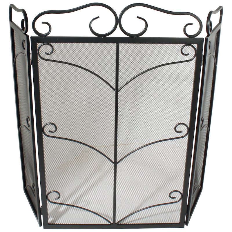 Calfire 3 Fold Decorative Wrought Iron Large Fire Screen - Black