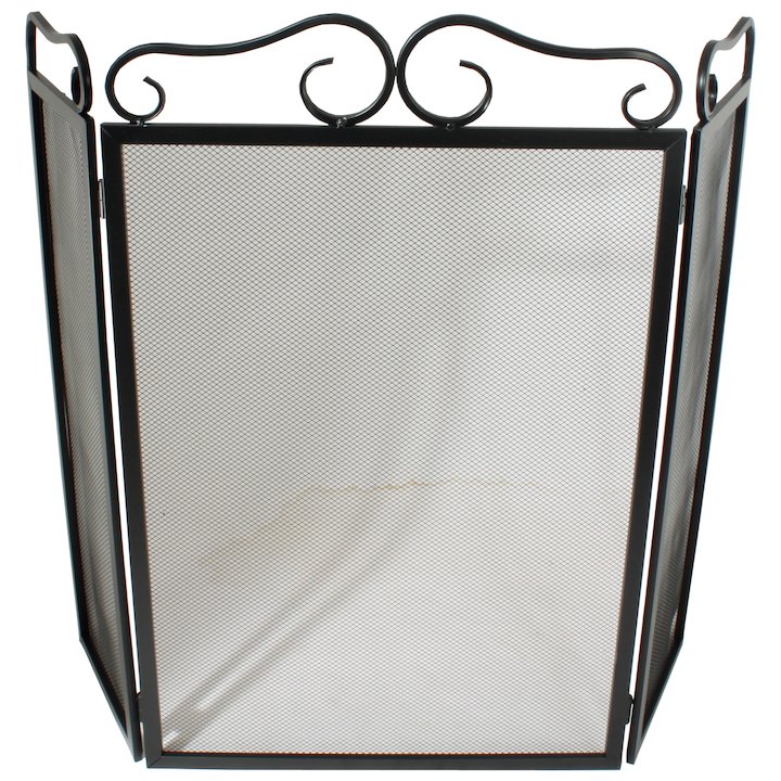 Calfire 3 Fold Plain Wrought Iron Large Fire Screen - Black