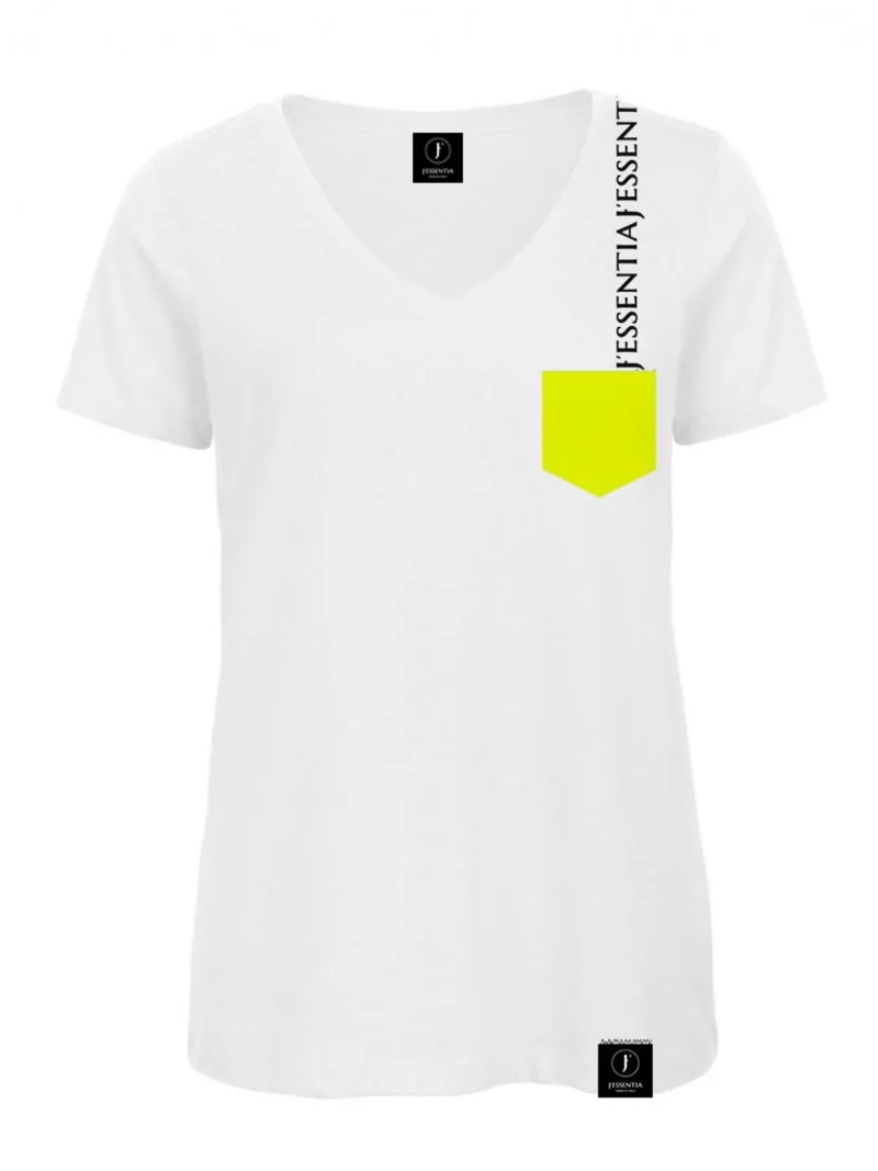 Tshirt donna bianca con grafica giallo fluo e nera by jessentia