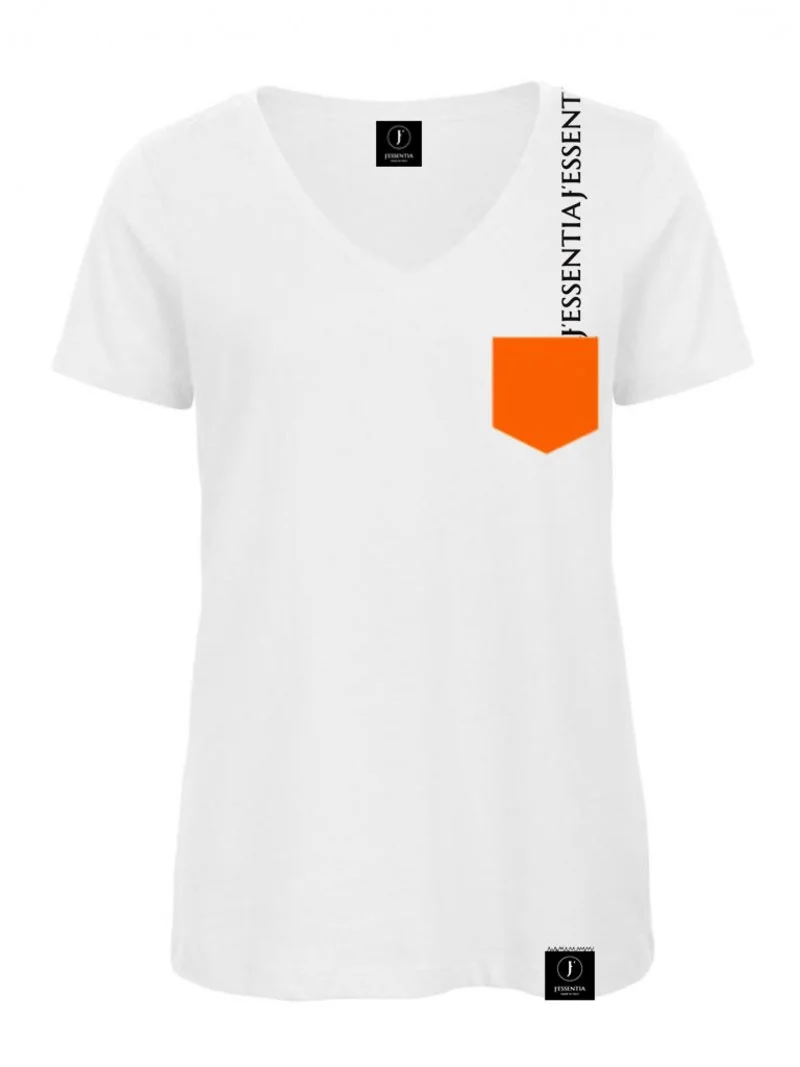 Tshirt donna bianca con grafica arancio fluo e nera by jessentia