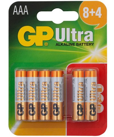 GP Ultra Alkaline AAA batteries -  card of 12 (8+4 Free)