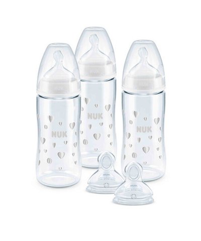 NUK First Choice + Size 1 (0 - 6 months) White 300ml Bottle - 3 pack with Two Extra Teats