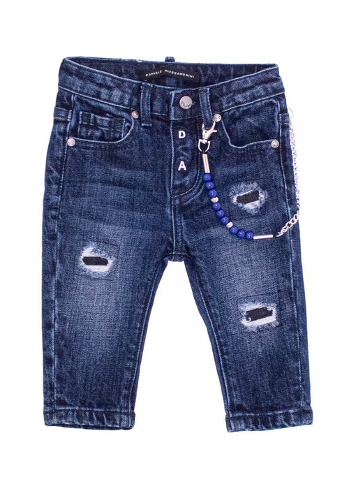 WORN EFFECT COTTON JEANS WITH REMOVABLE CHAIN