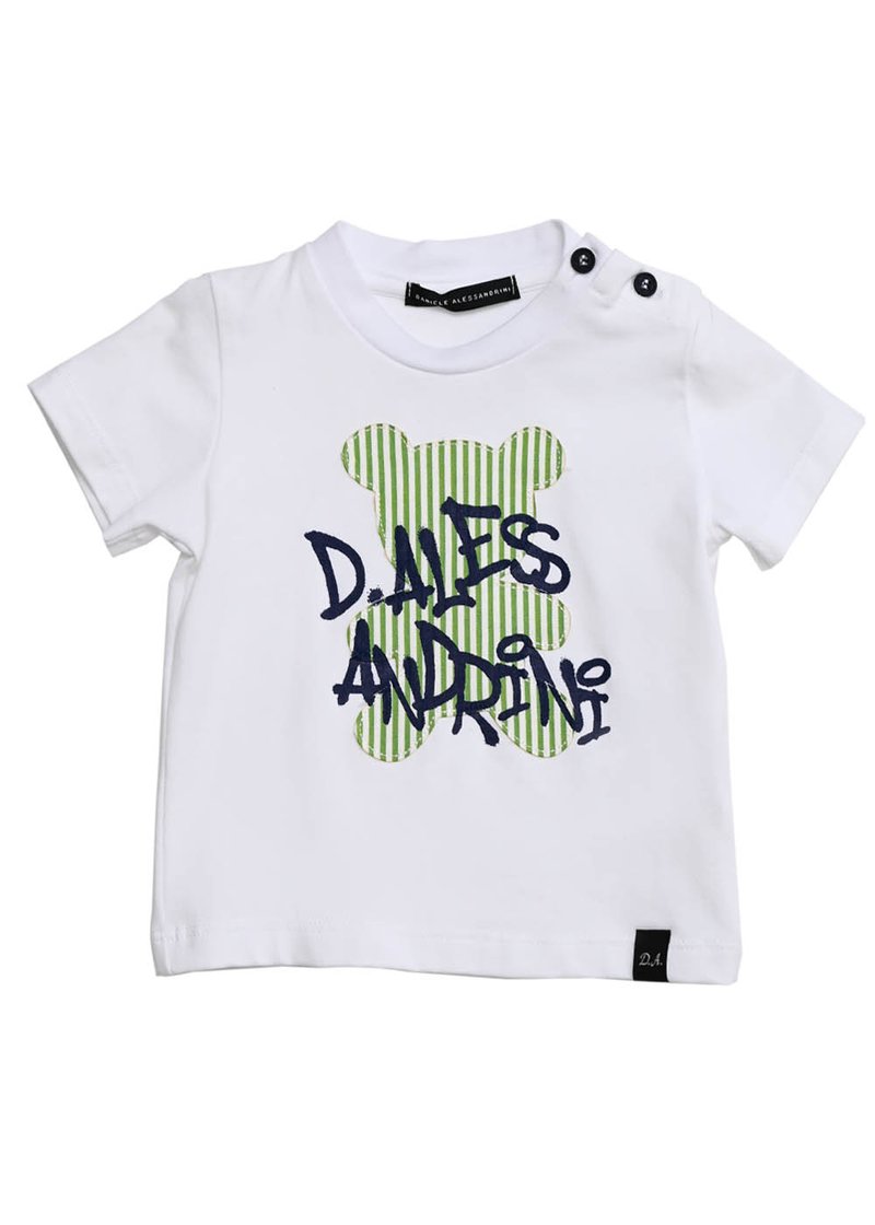 BOY SHORT SLEEVES COTTON T-SHIRT WITH APPLIED TEDDY BEAR AND LOGO