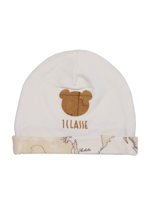 COTTON BONNET WITH TEDDY BEAR AND GEO PRINTING