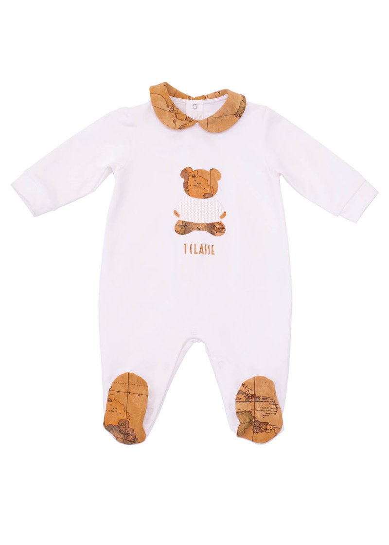 ROMPER SUIT WITH GEO PRINTING AND EMBROIDERED TEDDY BEAR