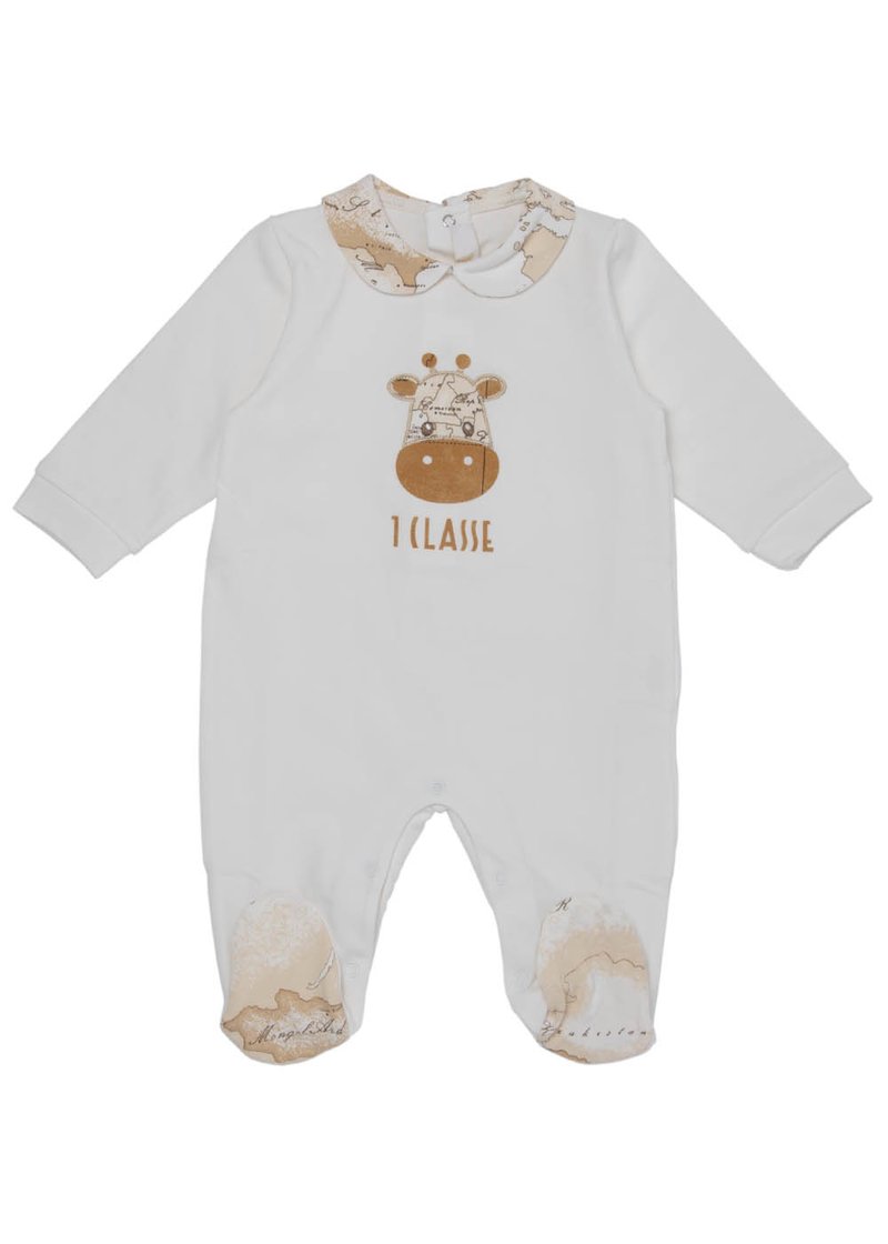 COTTON ROMPER WITH GEO PRINTING AND EMBROIDERED BABY GIRAFFE