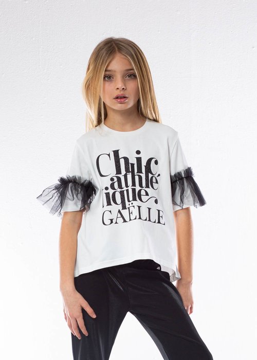 COTTON T-SHIRT WITH GLITTER PRINTING AND TULLE