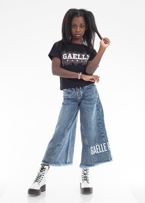 GIRL'S DENIM WIDE-LEG TROUSERS WITH LOGO