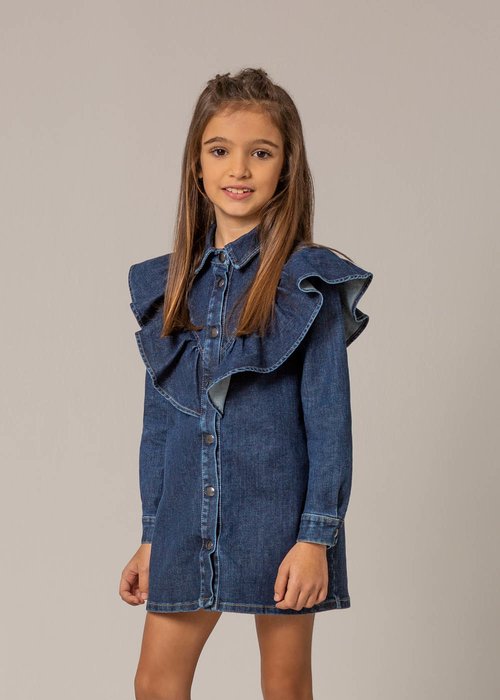 DENIM DRESS WITH APPLIED ROUCHES