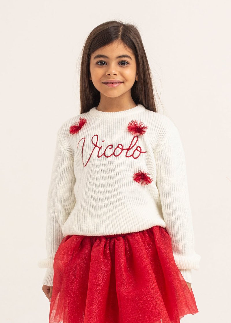 GIRL SWEATER WITH EMBROIDERED LOGO AND POMPOM