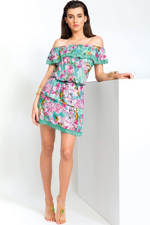 LUXE  PRINTED SHORT DRESS WITH FRILLS AND FRINGED TRIMMING