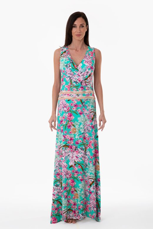 LUXE PRINTED LONG DRESS WITH WAIST TRIMMING