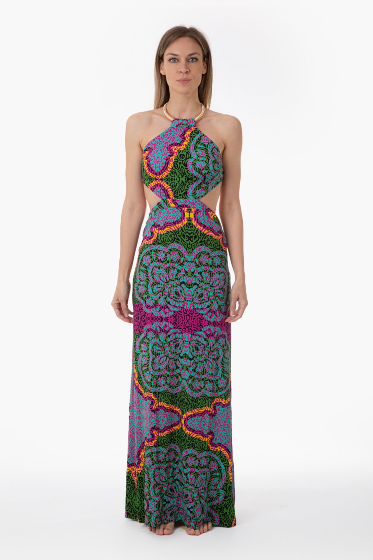 PRINTED JERSEY LONG DRESS WITH NECKLACE - India Pop Fuxia