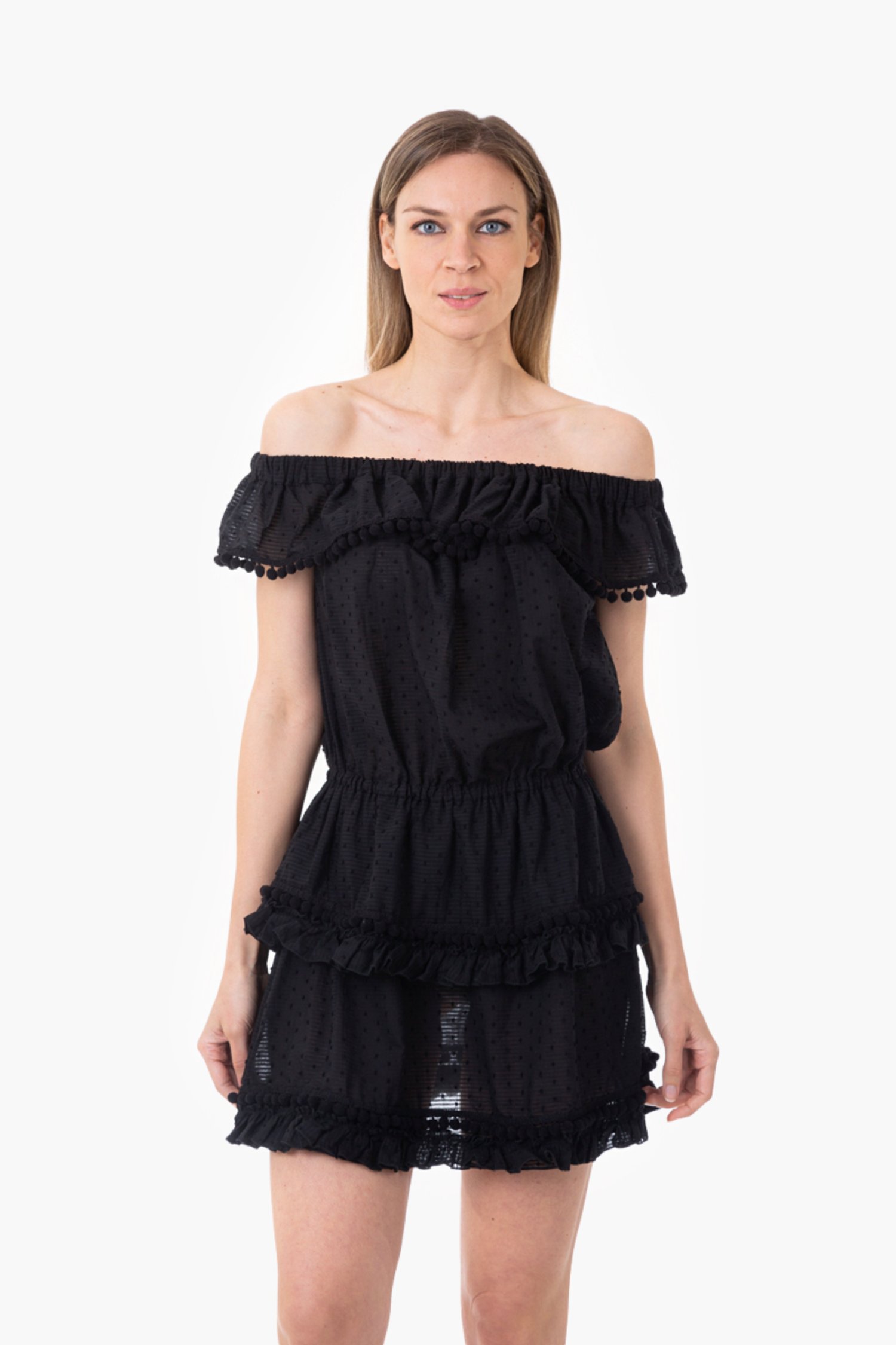 TEXTURED COTTON SHORT DRESS WITH FRILLS AND POM-POM - Black
