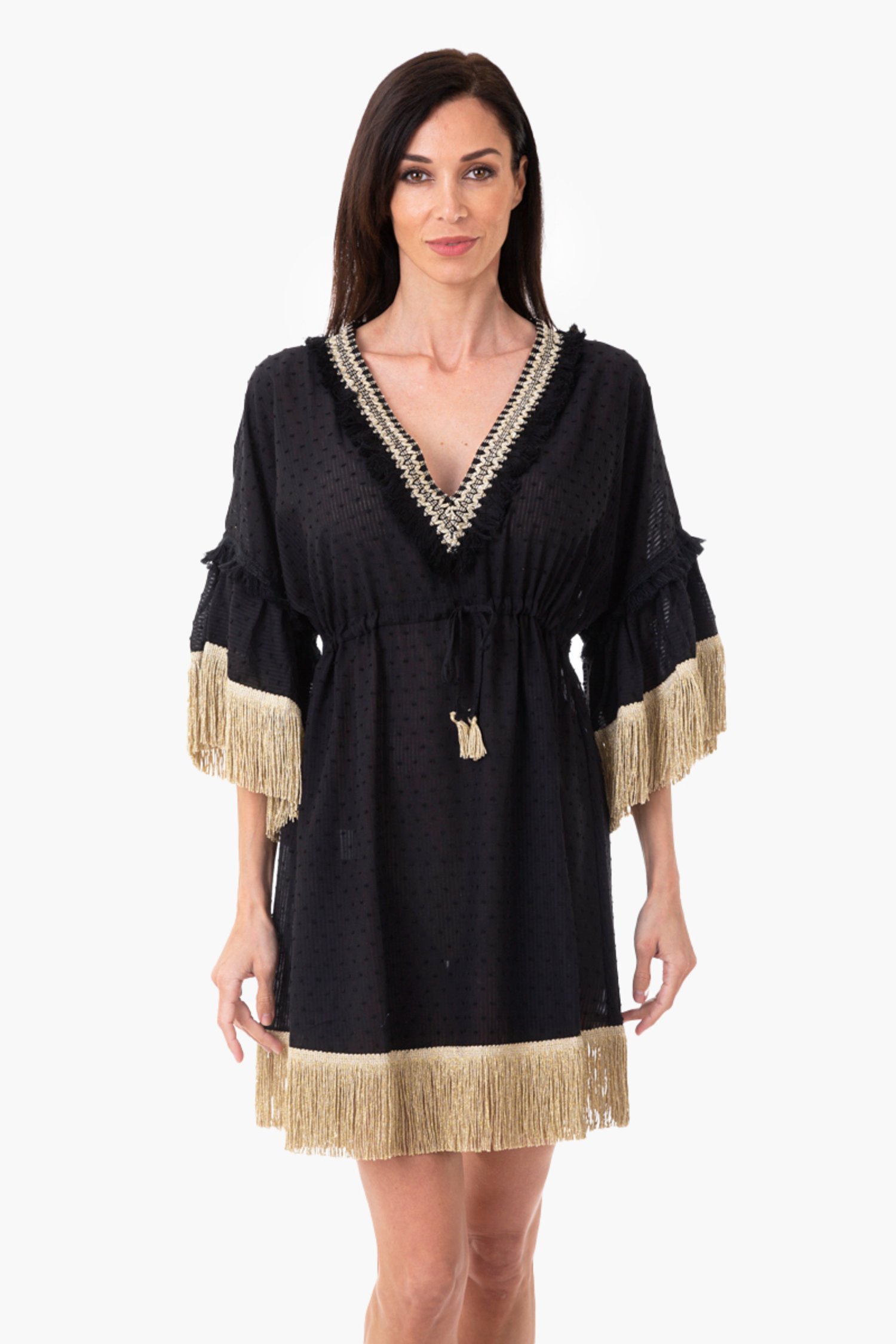 SHORT CAFTAN WITH TRIMMING FINISH - Black