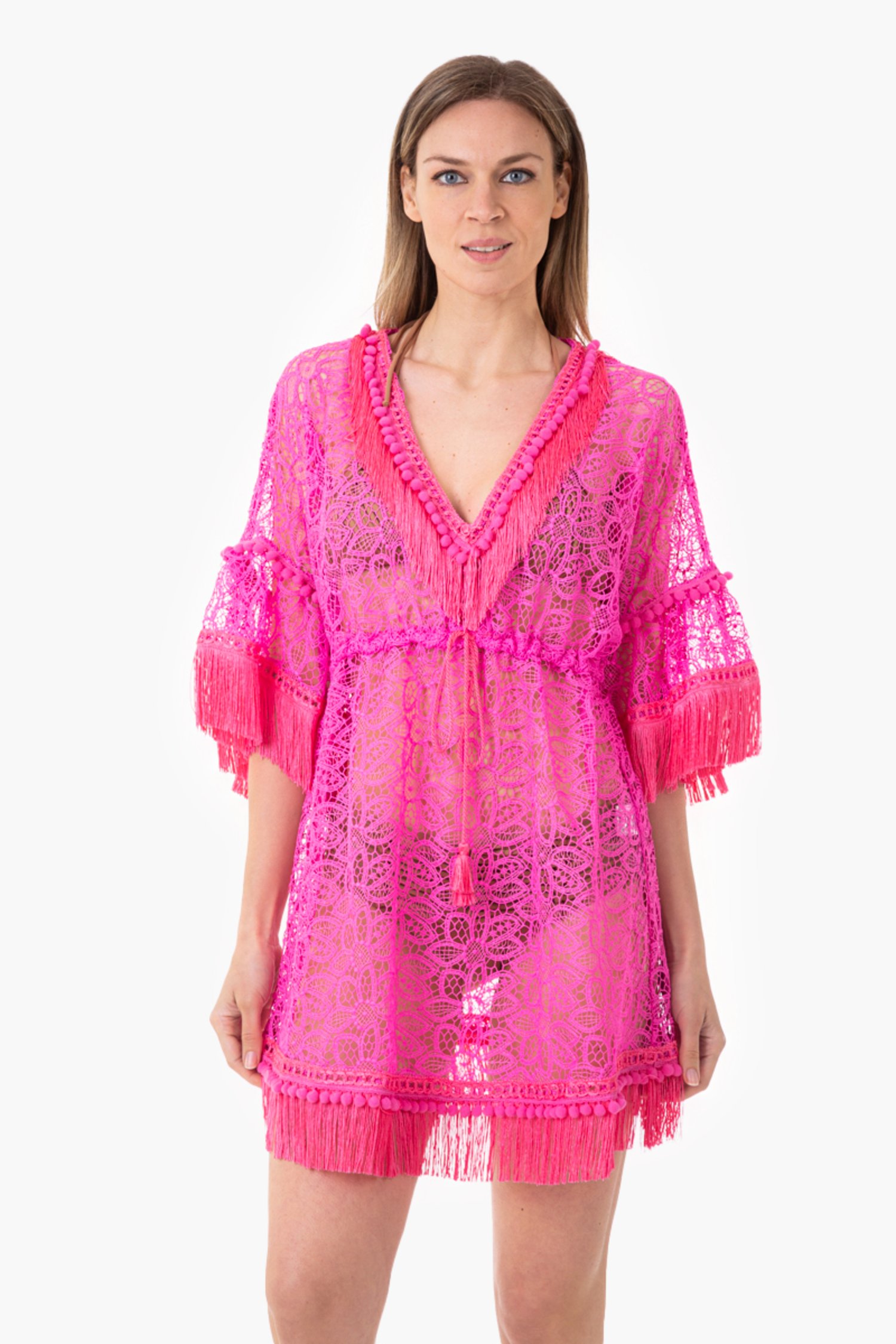 MACRAME' LACE SHORT KAFTAN WITH TRIMMING DETAILS - Pizzo Macrame' Camelia