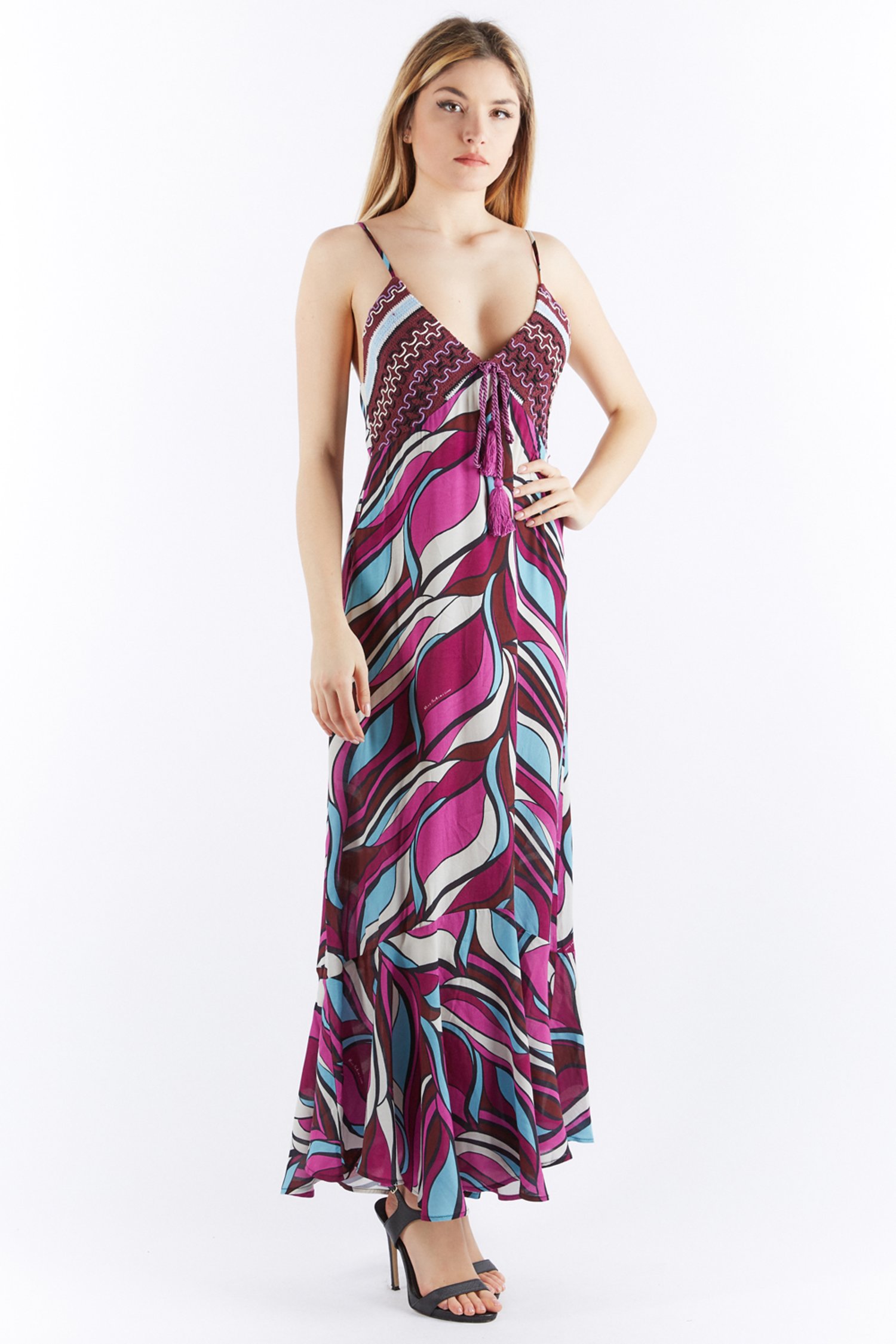 LONG DRESS WITH FINISHED CUPS - Geometrico Fuxia