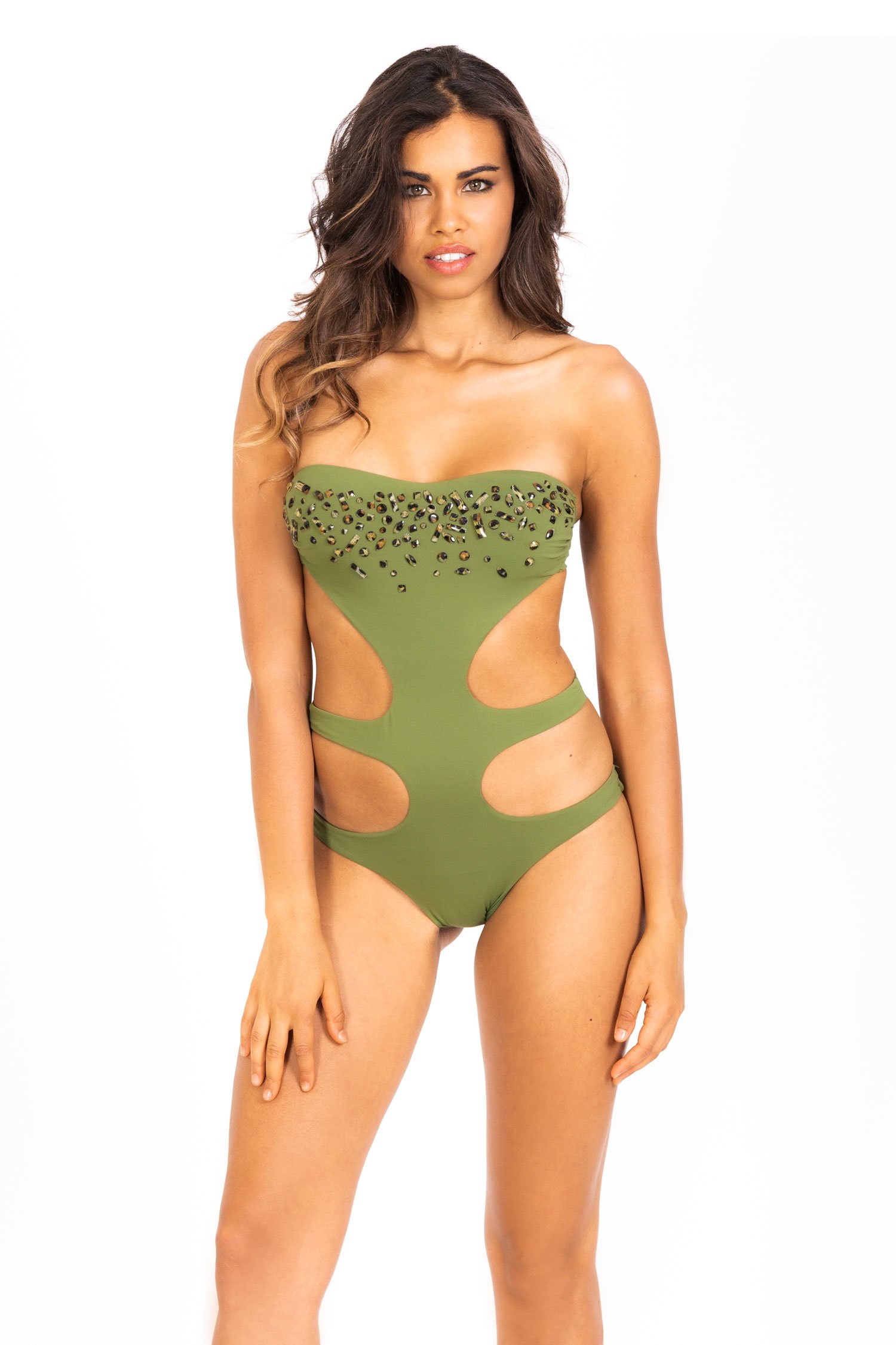 ONE PIECE SWIMSUIT WITH SPOTTED RHINESTONES AND SLITS AROUND THE HIPS - 647 Prato