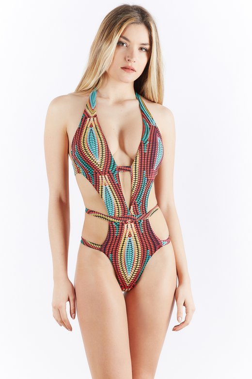 PRINTED ONE PIECE SWIMSUIT WITH AMERICAN NECK