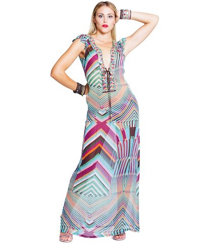 caftano lungo chiffon fantasia con passamaneria - Righe Turchese