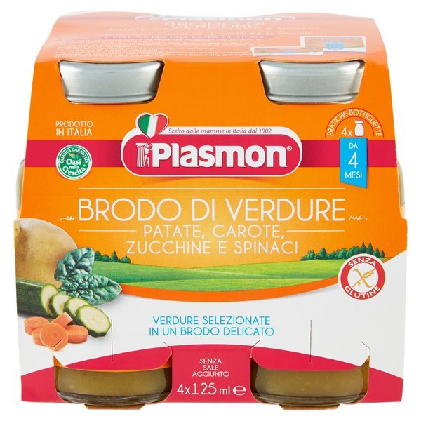 Plasmon Brodo di Verdure Patate, Carote, Zucchine e Spinaci 4 x 125 ml