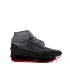 Black padded SNK with black midsole and red sole