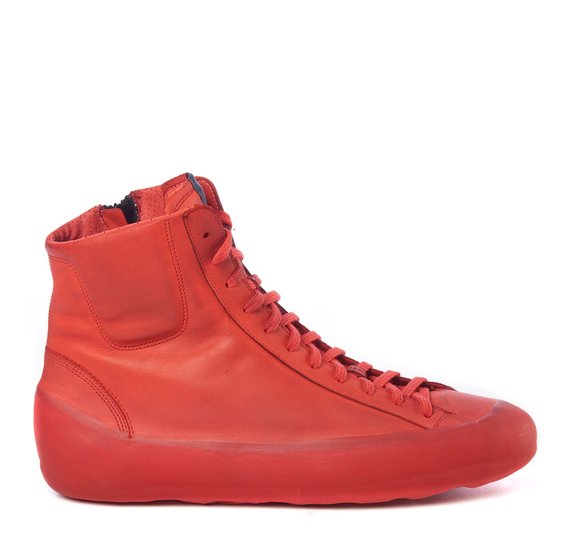 Men's red leather ankle boots with matching sole