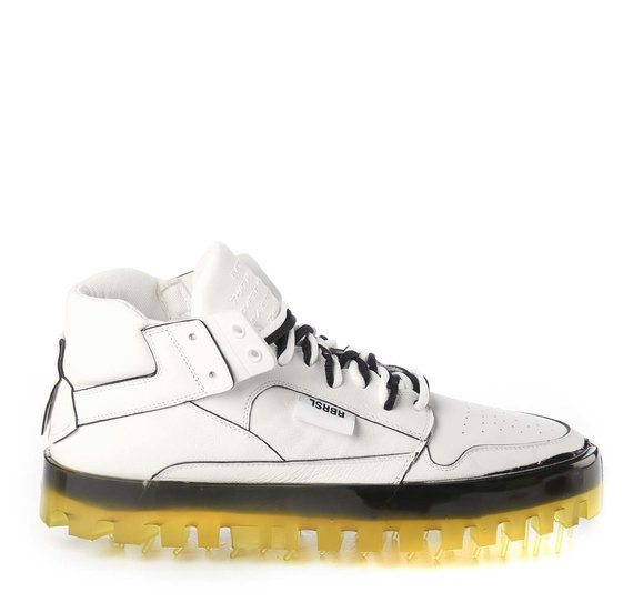 Men's BOLD white leather trainers with yellow sole and black coating