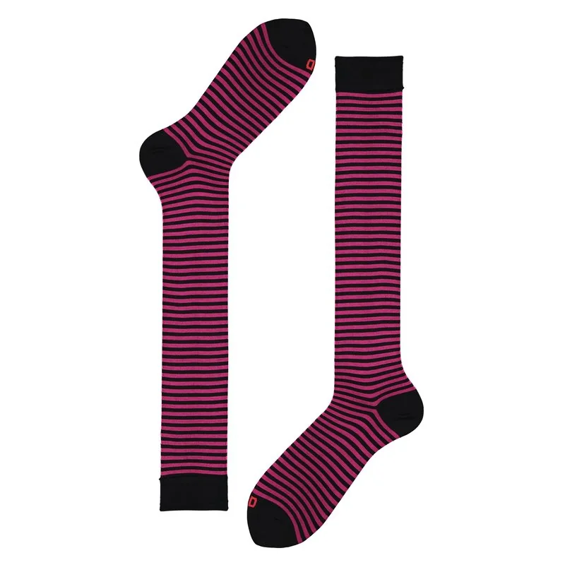 Striped long socks in extralight cotton - Black-Bright Pink