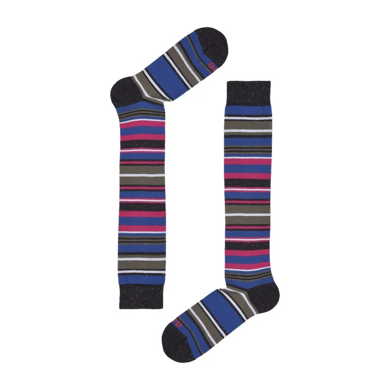 Men's long socks in a multicolor stripe with buttoned yarn