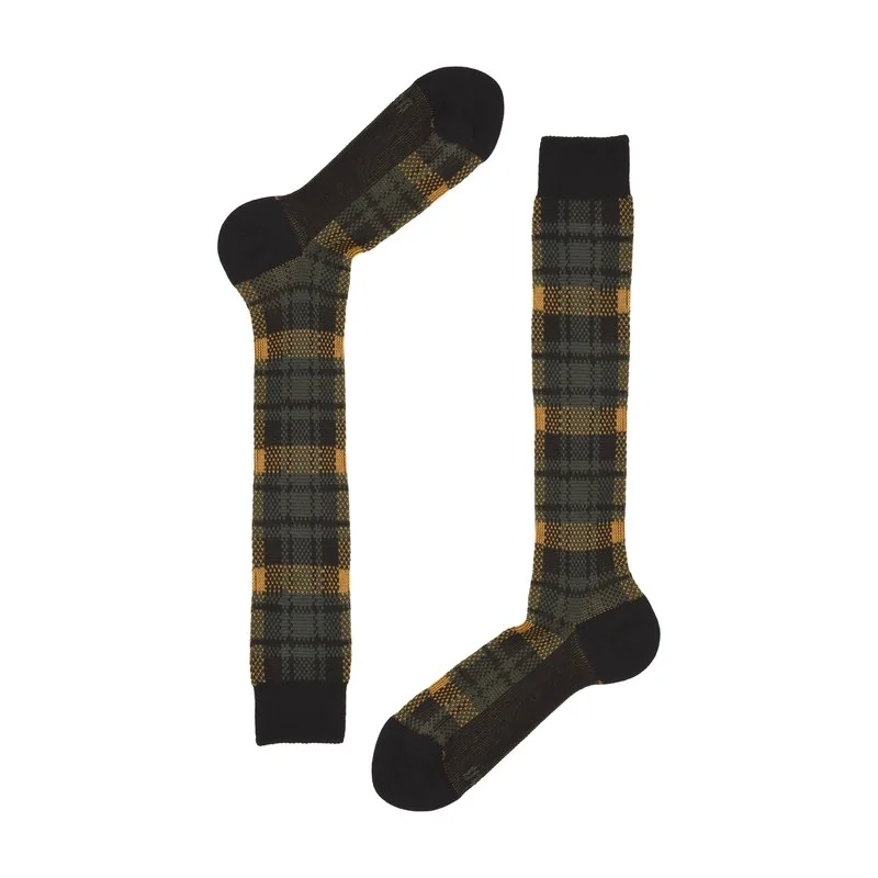 Men's long socks Jacquard tartan - Black-Green