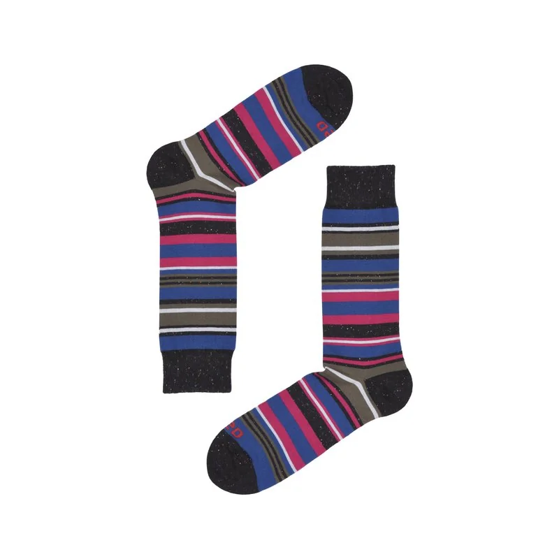 Men's crew socks in a multicolor stripe with buttoned yarn - Black