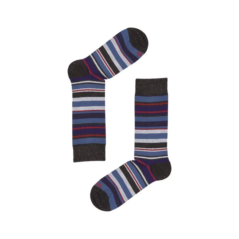 Men's crew socks in a multicolor stripe with buttoned yarn