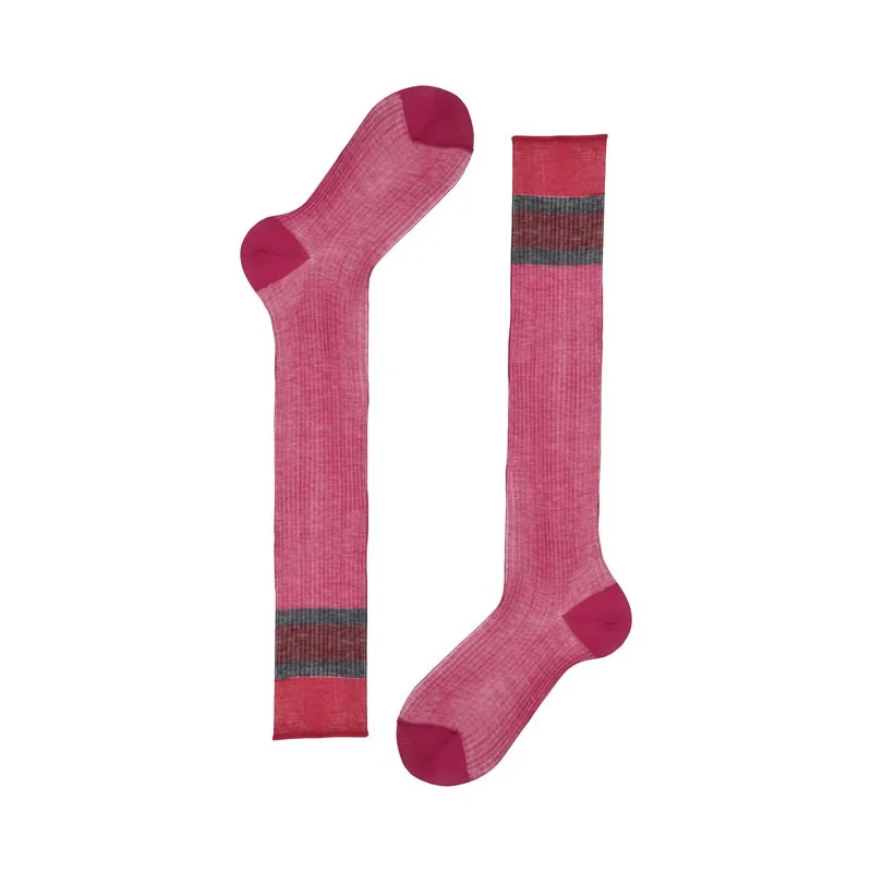 Women's sheer ribbed striped long socks - Bright Pink