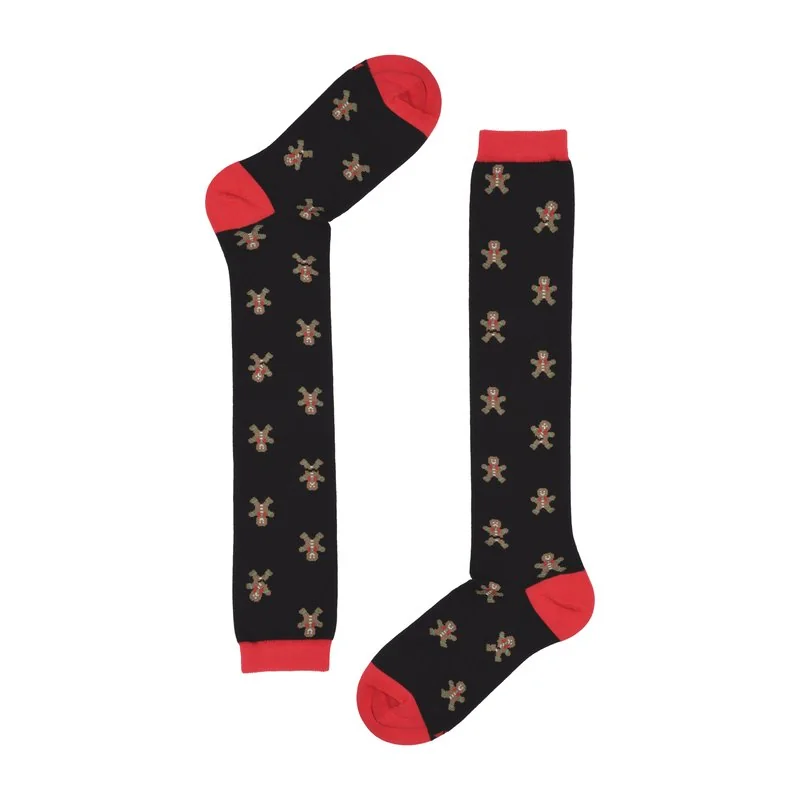 Women's long socks with Gingerbread man - Black