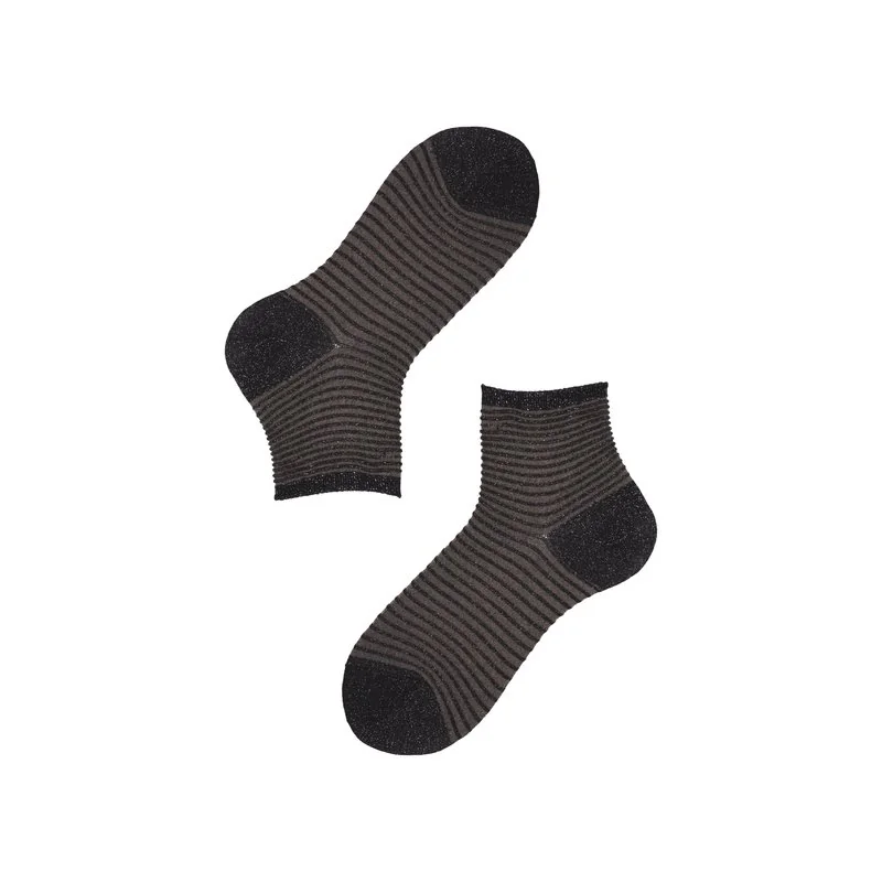 Women's short crew socks Lurex stripe in Relief - Black-Silver