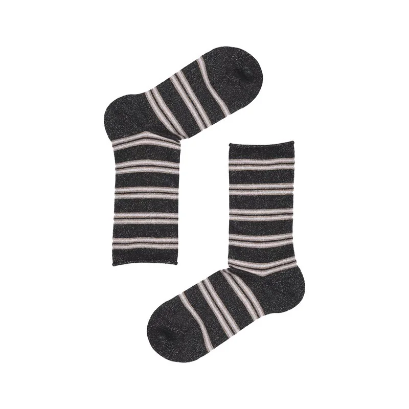 Women's short crew socks Lurex stripe - Black-Silver