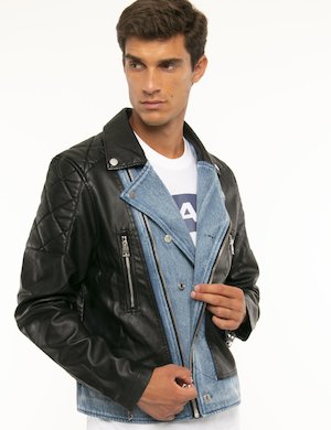 Guess uomo outlet - Giacca Guess in ecopelle e dettagli denim