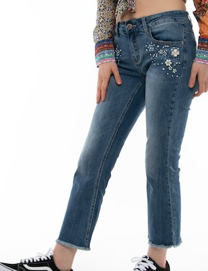 yes zee abbigliamento - Yes Zee outlet shop online  - Jeans Yes Zee cropped con orlo sfrangiato e strass